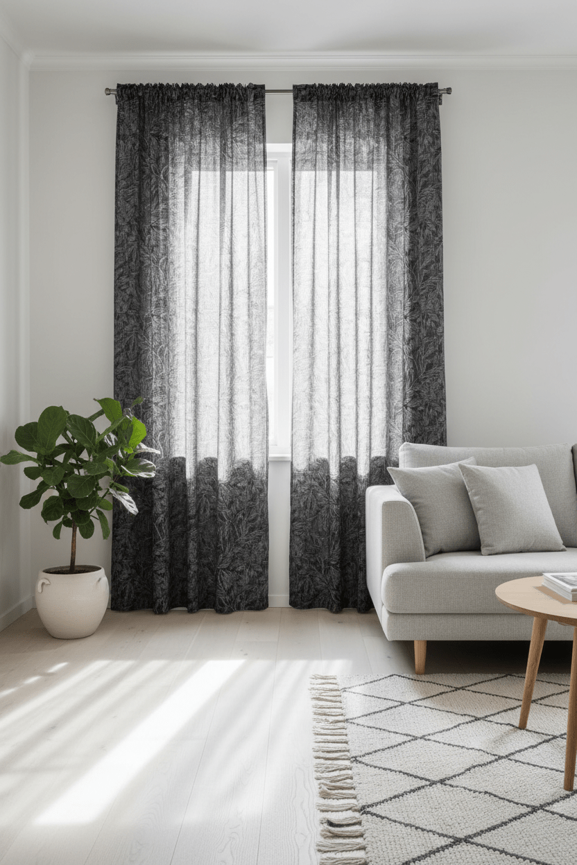 Blake multilängder gardiner – Lövmönstrade slub-gardiner i svart - Nordiska Hemtextil