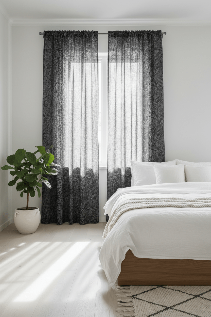 Blake multilängder gardiner – Lövmönstrade slub-gardiner i svart - Nordiska Hemtextil